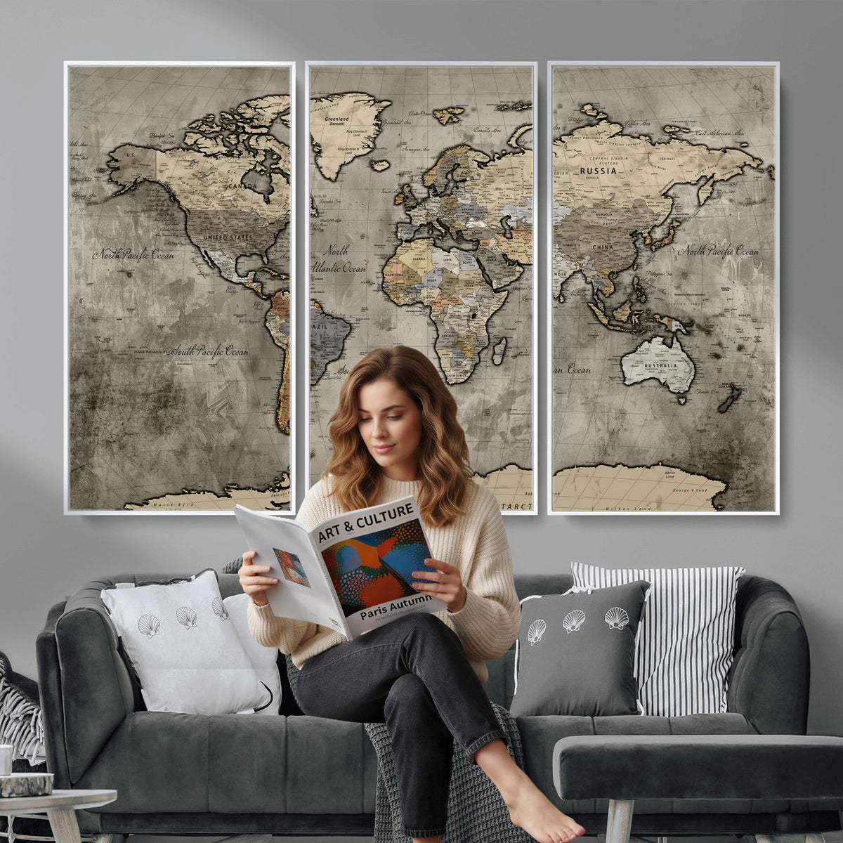 85218700-MGV-CV-36X24 - World Map Canvas Print, Detailed Map of the World Wall Art