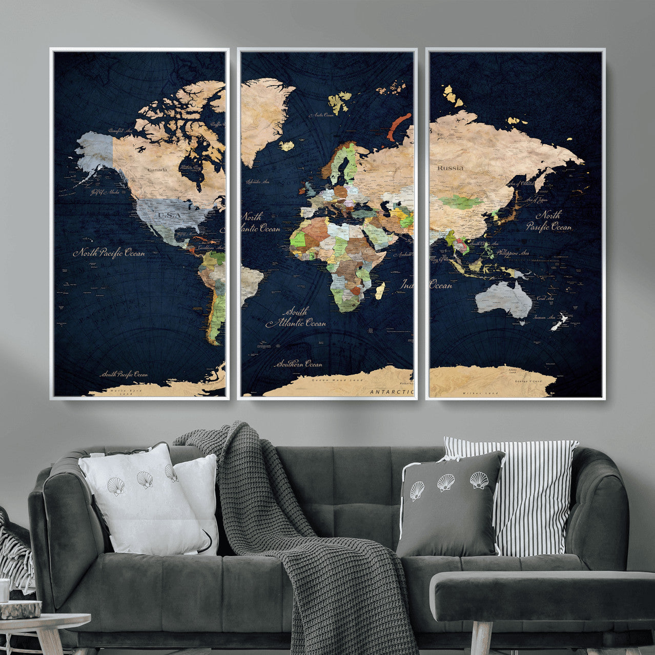 76603563-MGV-CV-36X24 - World Map Wall Art Canvas Print, Modern Decorative Framed Map Artwork Prints for Living Room, Office, Bedroom Wall Decor