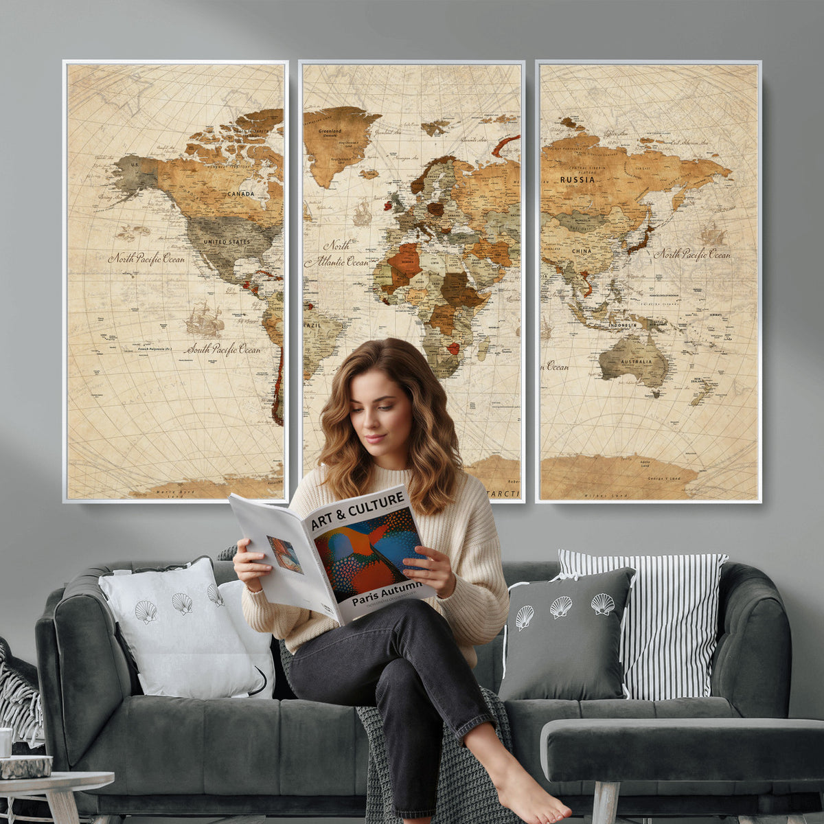 29684537-MGV-CV-36X24 - Vintage World Map Canvas Print, Framed Rustic Detailed Map of the World, Explorer Decor