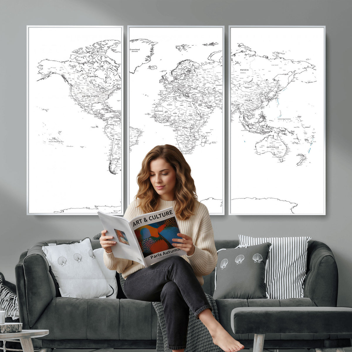 21002736-MGV-CV-36X24 - World Map Canvas Print, Framed Modern Detailed Map of the World for Home or Office