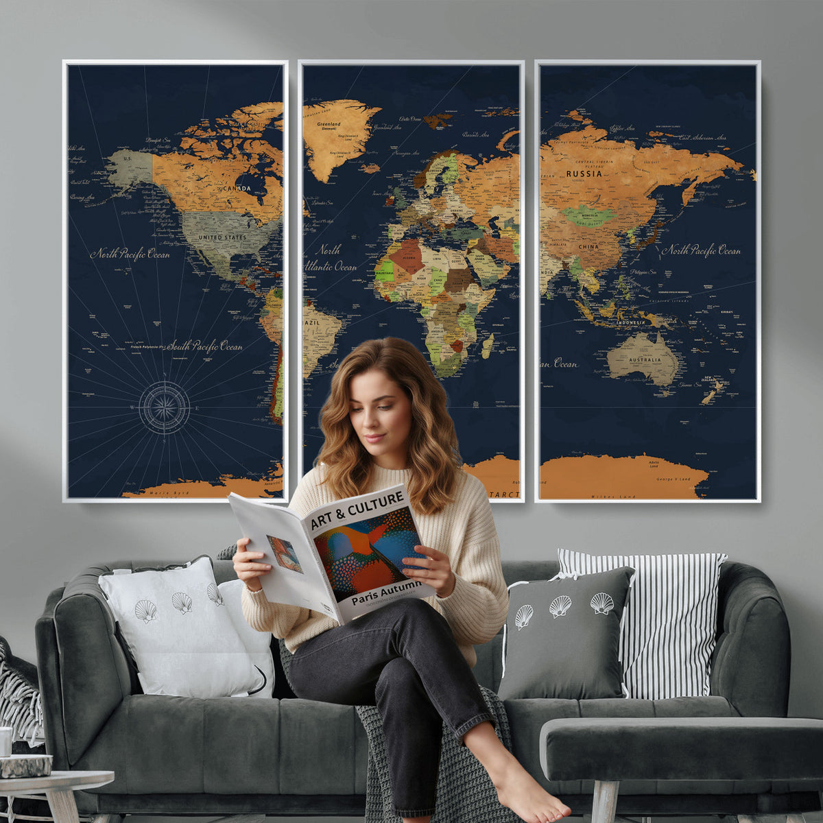 11715182-MGV-CV-36X24 - Modern World Map Canvas Print, Framed Detailed Map of the World Wall Art