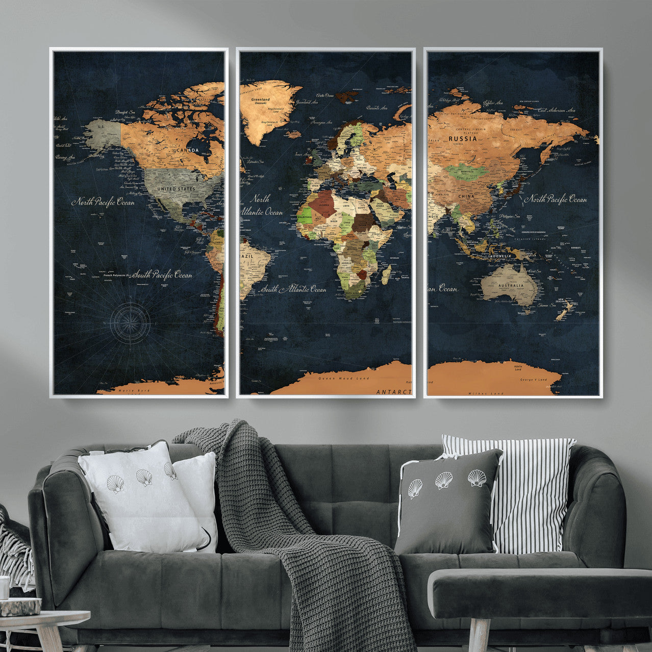 53717402-MGV-CV-36X24 - World Map Wall Art Canvas Print, Modern Decorative Framed Map Artwork Prints for Living Room, Office, Bedroom Wall Decor
