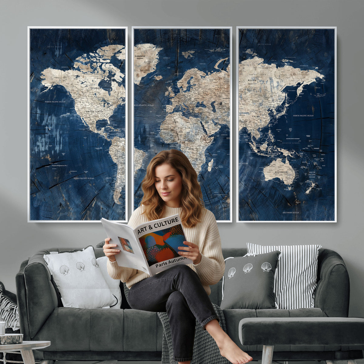 56126010-MGV-CV-36X24 - Large Blue World Map Wall Art Canvas Print for Home Office
