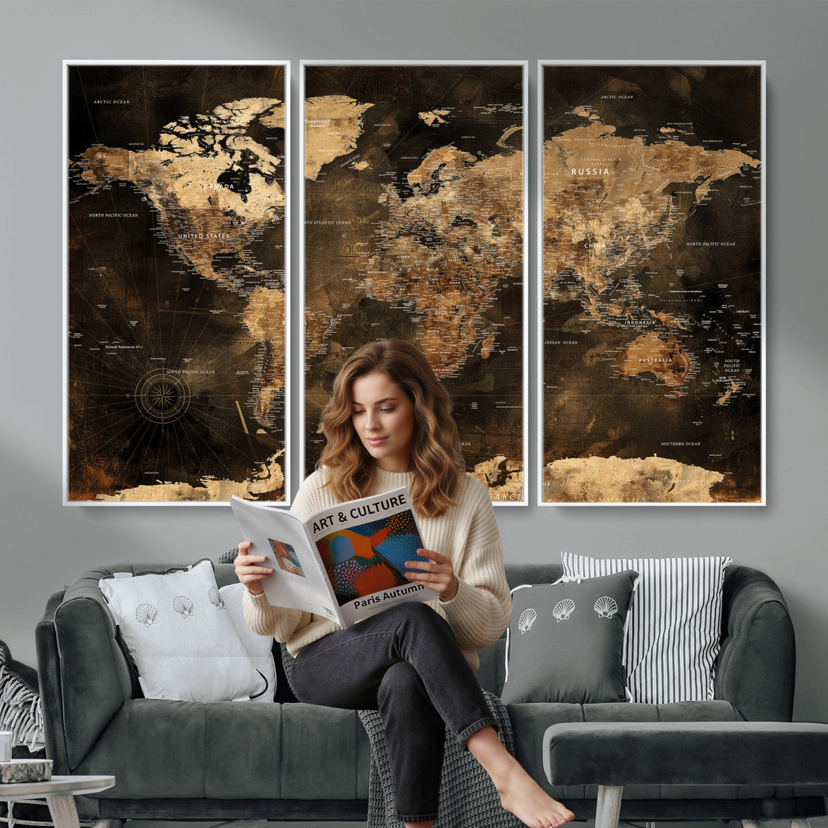 97742922-MGV-CV-36X24 - World Map Canvas Print, Modern Decorative Framed Map Artwork