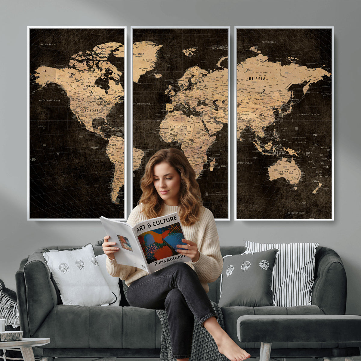 15118265-MGV-CV-36X24 - Brown World Map Canvas Print | Modern Travel Map Wall Art