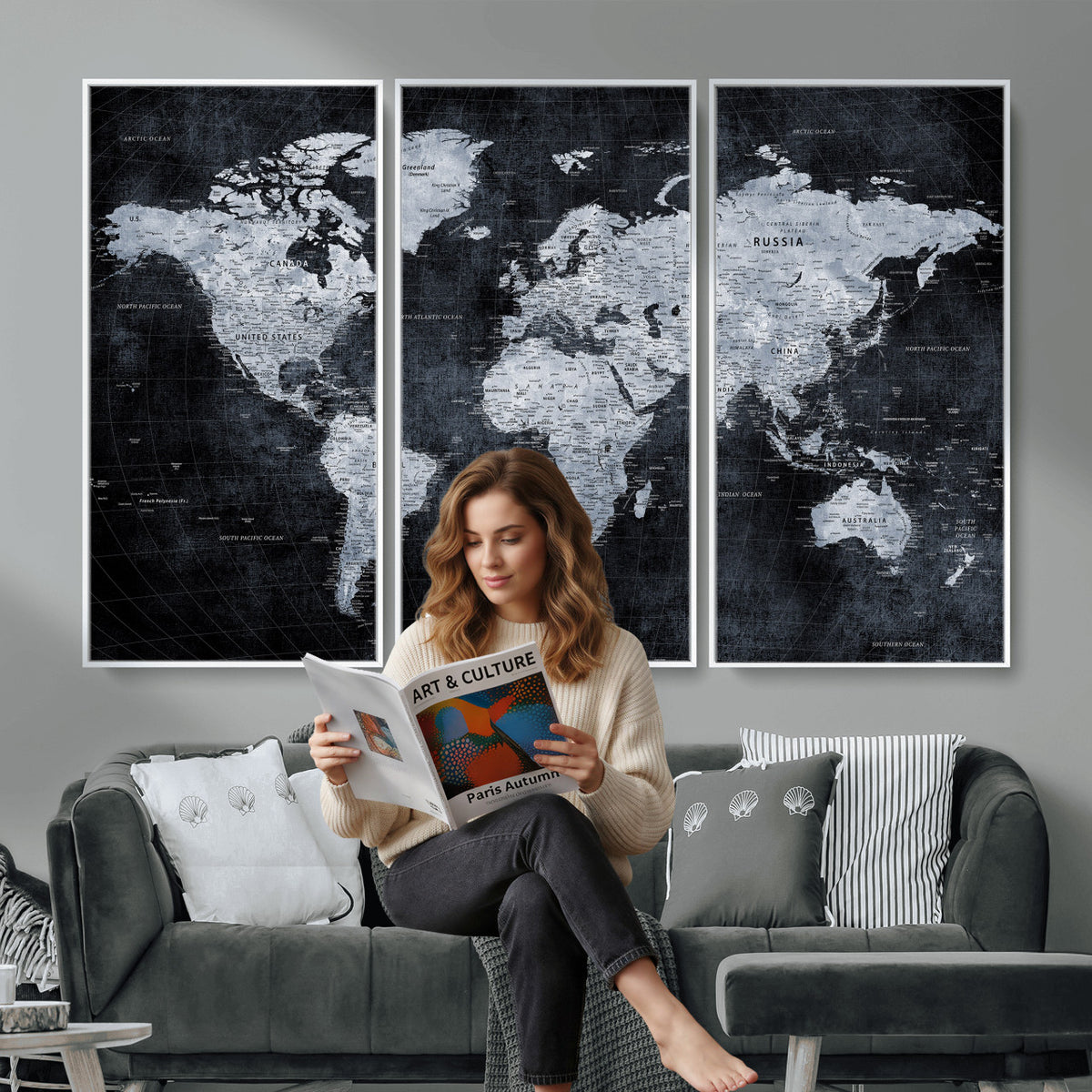 86893704-MGV-CV-36X24 - Black World Map Canvas Print | Detailed Map for Couples and Anniversary Gift
