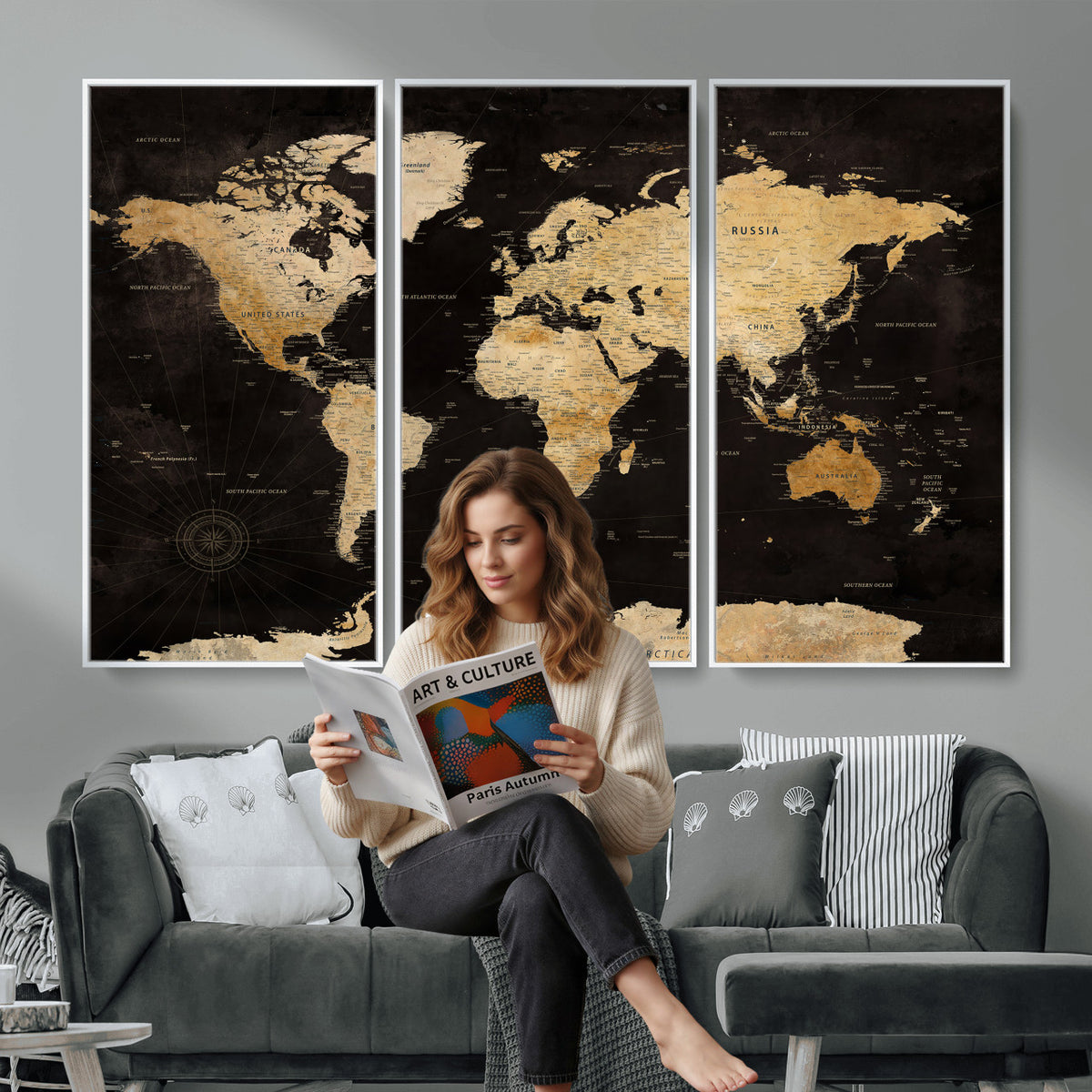 70468159-MGV-CV-36X24 - Extra Large World Map Canvas Print – Detailed Map Classic
