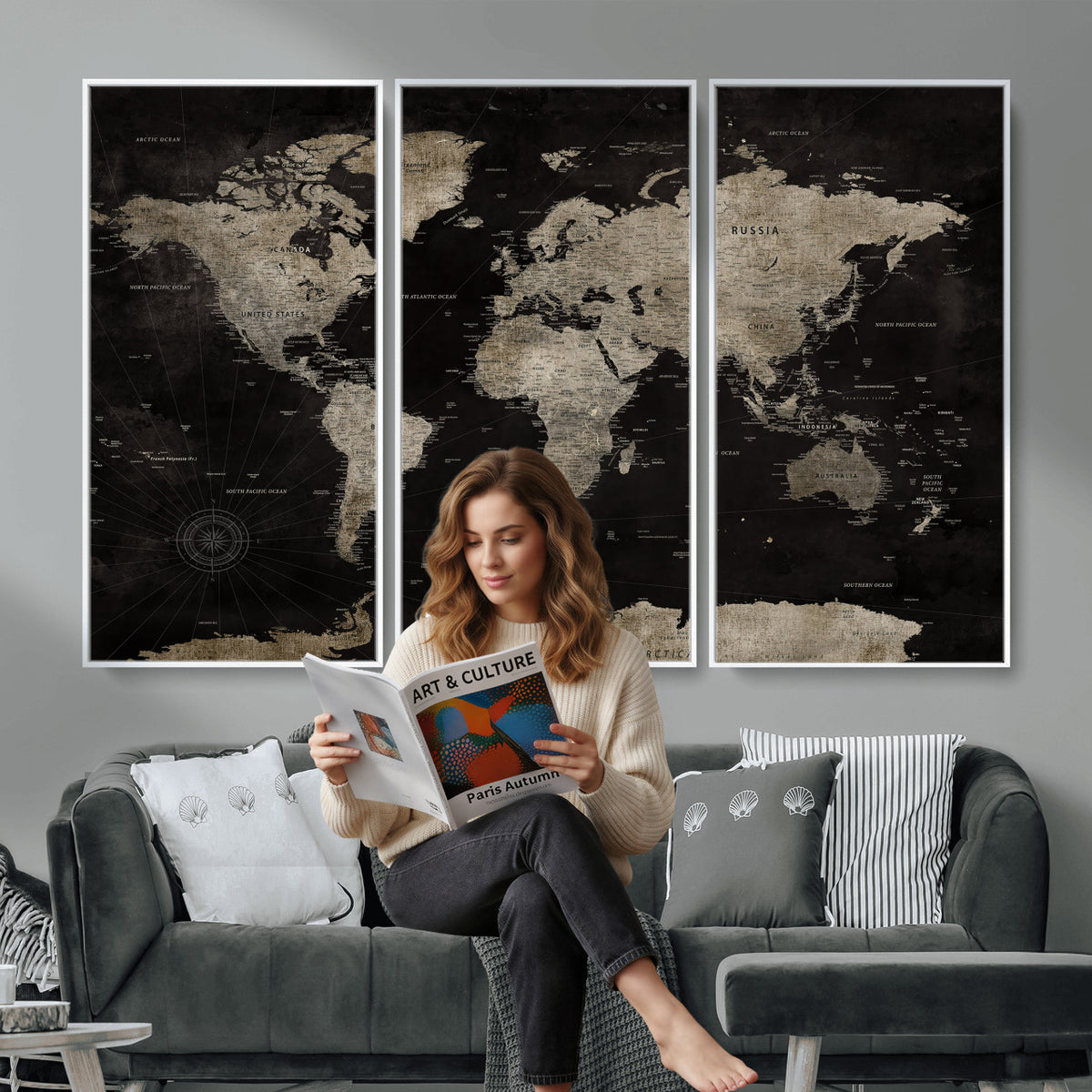 56225956-MGV-CV-36X24 - Detailed World Map Wall Art Print - Large Framed World Map