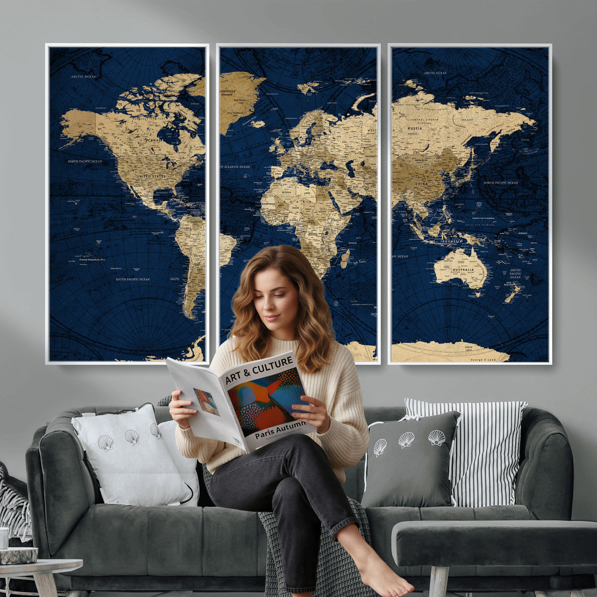 54770746-MGV-CV-36X24 - Navy Blue World Map Canvas Print – Detailed Map Minimal Navy