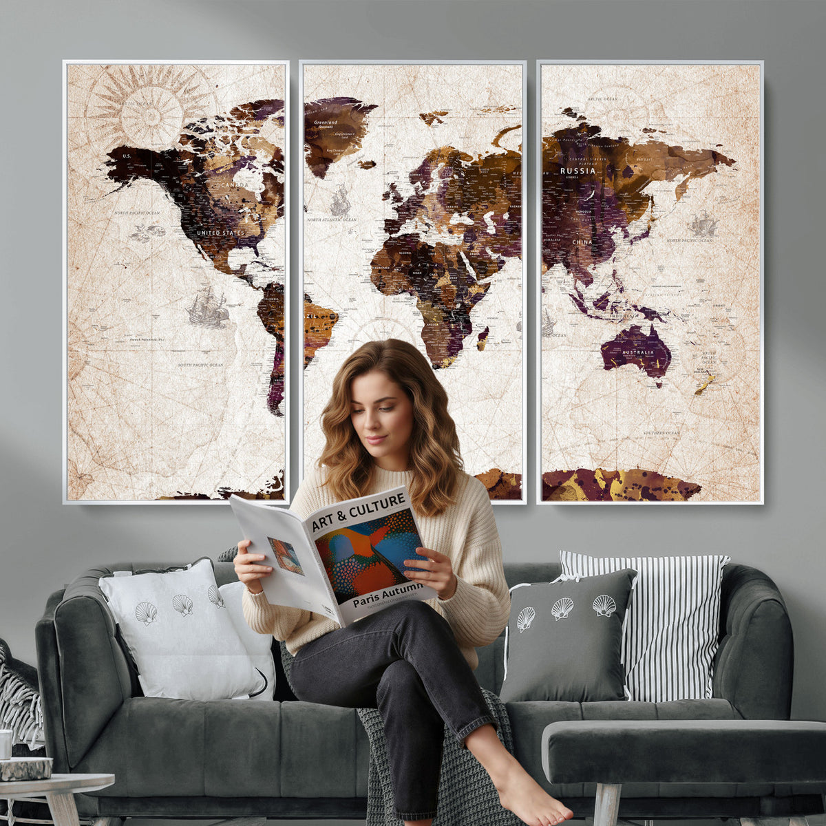 53400857-MGV-CV-36X24 - Blue Watercolor World Map Canvas Print – Framed Modern Wall