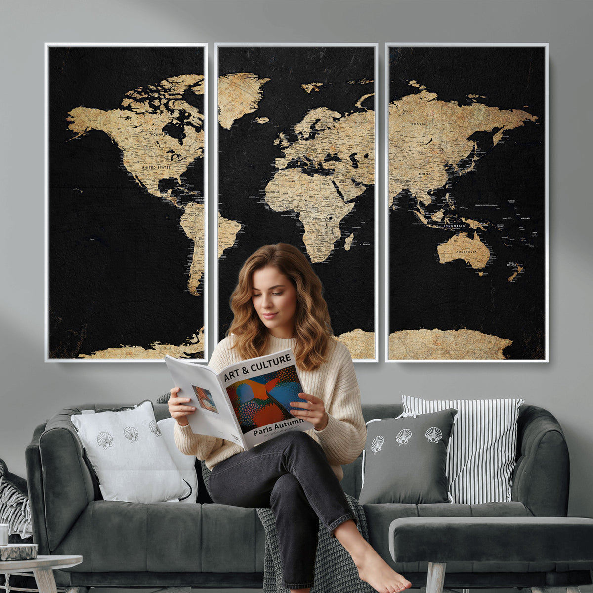 71518849-MGV-CV-36X24 - Beige World Map Canvas Wall Art Print, Minimal Black and