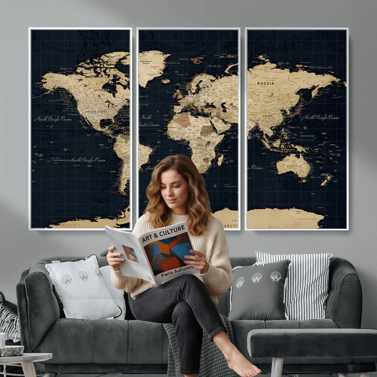 45063434-MGV-CV-36X24 - Dark World Map Canvas Wall Art Print, Minimal Black and Gold Map
