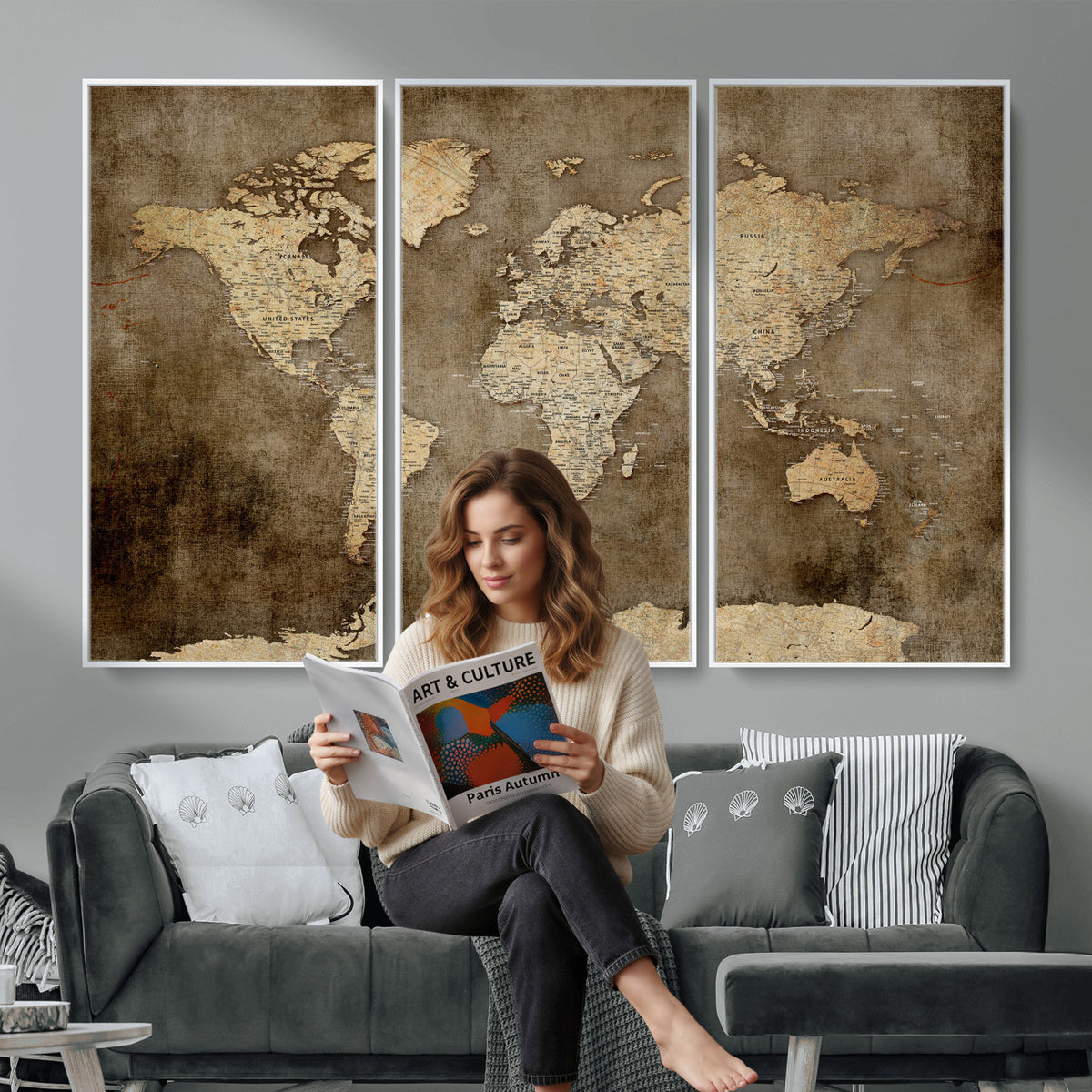 35847542-MGV-CV-36X24 - Dark Vintage World Map Canvas Wall Art Print, Antique Map