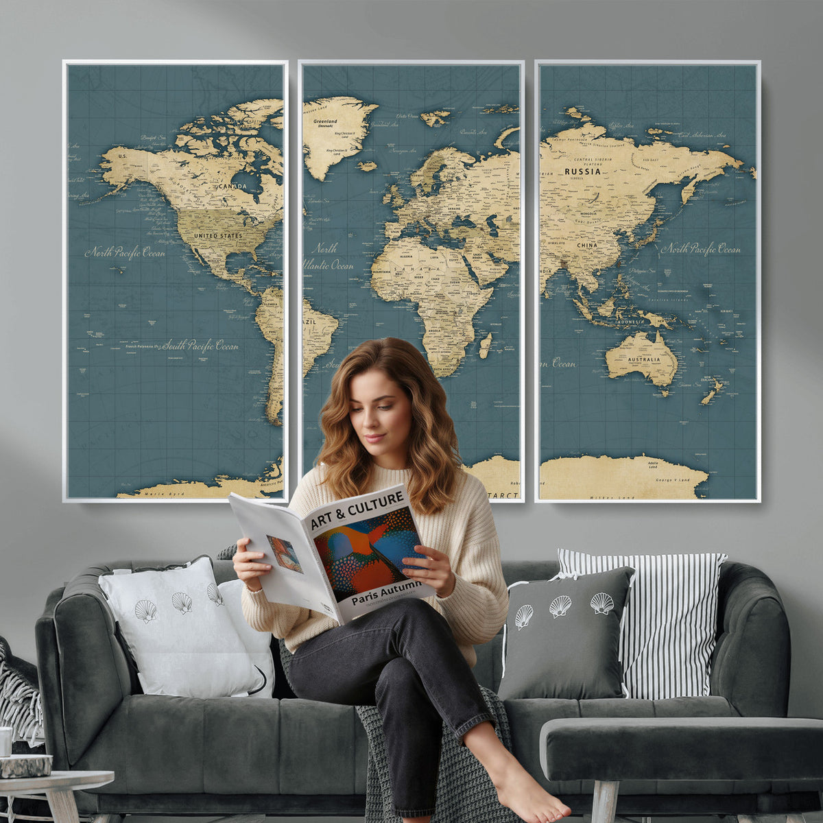 99599383-MGV-CV-36X24 - Minimal Vintage World Map Canvas Wall Art Print, Neutral