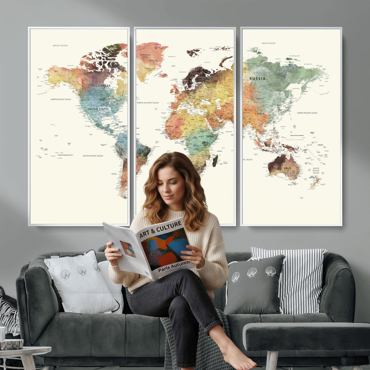 64206059-MGV-CV-36X24 - Framed World Map Wall Art Canvas Print for Living Room and Study Room