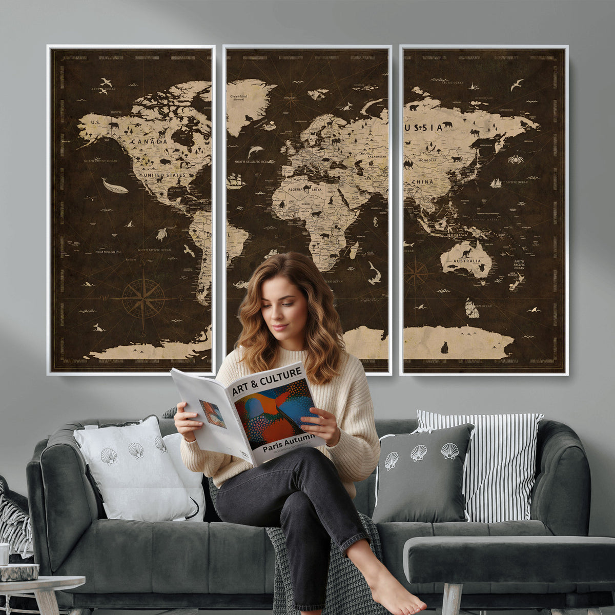 44276398-MGV-CV-36X24 - World Map Wall Art Canvas Print, Modern Decorative Framed Map Artwork Prints for Living Room, Office, Bedroom Wall Decor