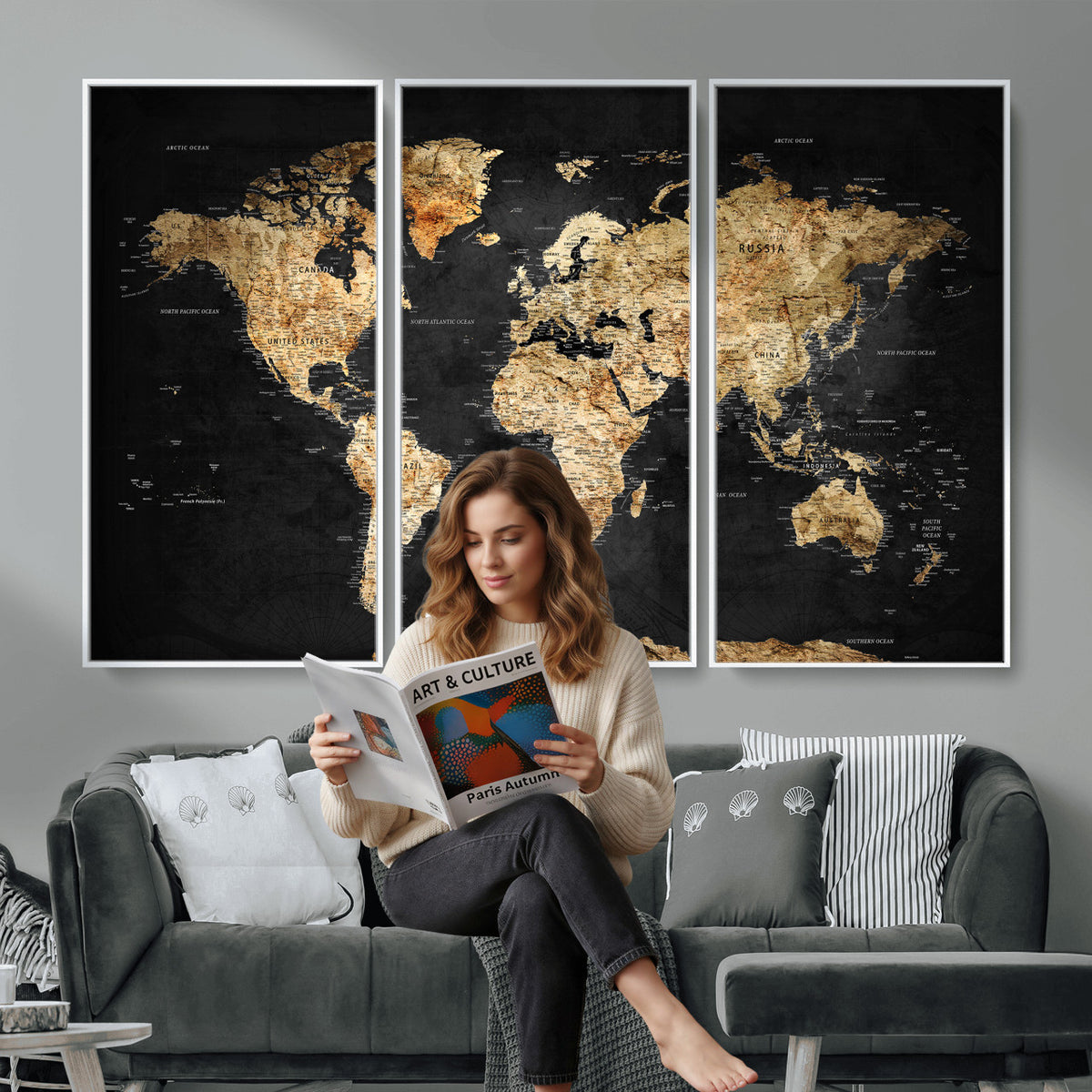 23568589-MGV-CV-36X24 - World Map Wall Art Canvas Print, Modern Decorative Framed Map Artwork Prints for Living Room, Office, Bedroom Wall Decor