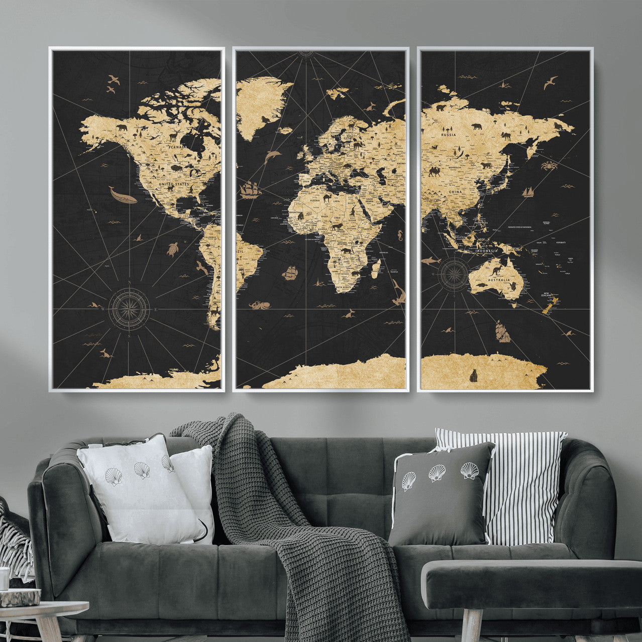 80270976-MGV-CV-36X24 - World Map Wall Art Canvas Print, Modern Decorative Framed Map Artwork Prints for Living Room, Office, Bedroom Wall Decor