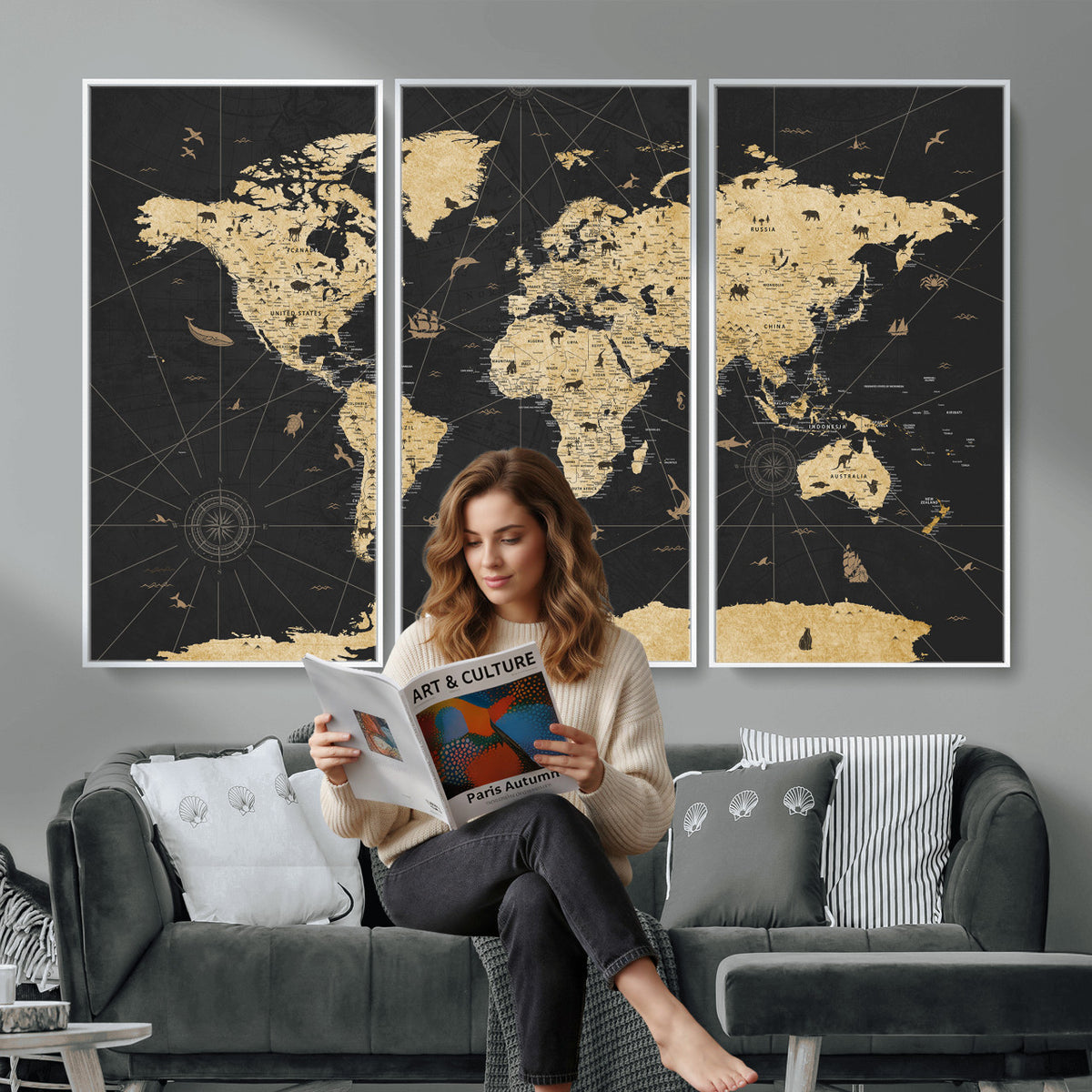 80270976-MGV-CV-36X24 - World Map Wall Art Canvas Print, Modern Decorative Framed Map Artwork Prints for Living Room, Office, Bedroom Wall Decor