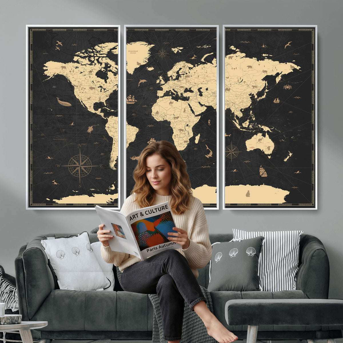 75220264-MGV-CV-36X24 - World Map Wall Art Canvas Print, Modern Decorative Framed Map Artwork Prints for Living Room, Office, Bedroom Wall Decor