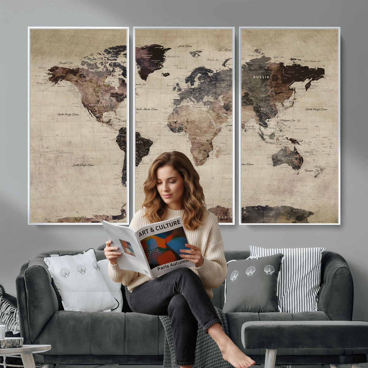60560672-MGV-CV-36X24 - World Map Wall Art Canvas Print, Modern Decorative Framed Map Artwork Prints for Living Room, Office, Bedroom Wall Decor