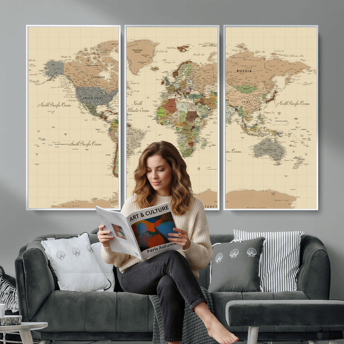 31407854-MGV-CV-36X24 - World Map Wall Art Canvas Print, Modern Decorative Framed Map Artwork Prints for Living Room, Office, Bedroom Wall Decor