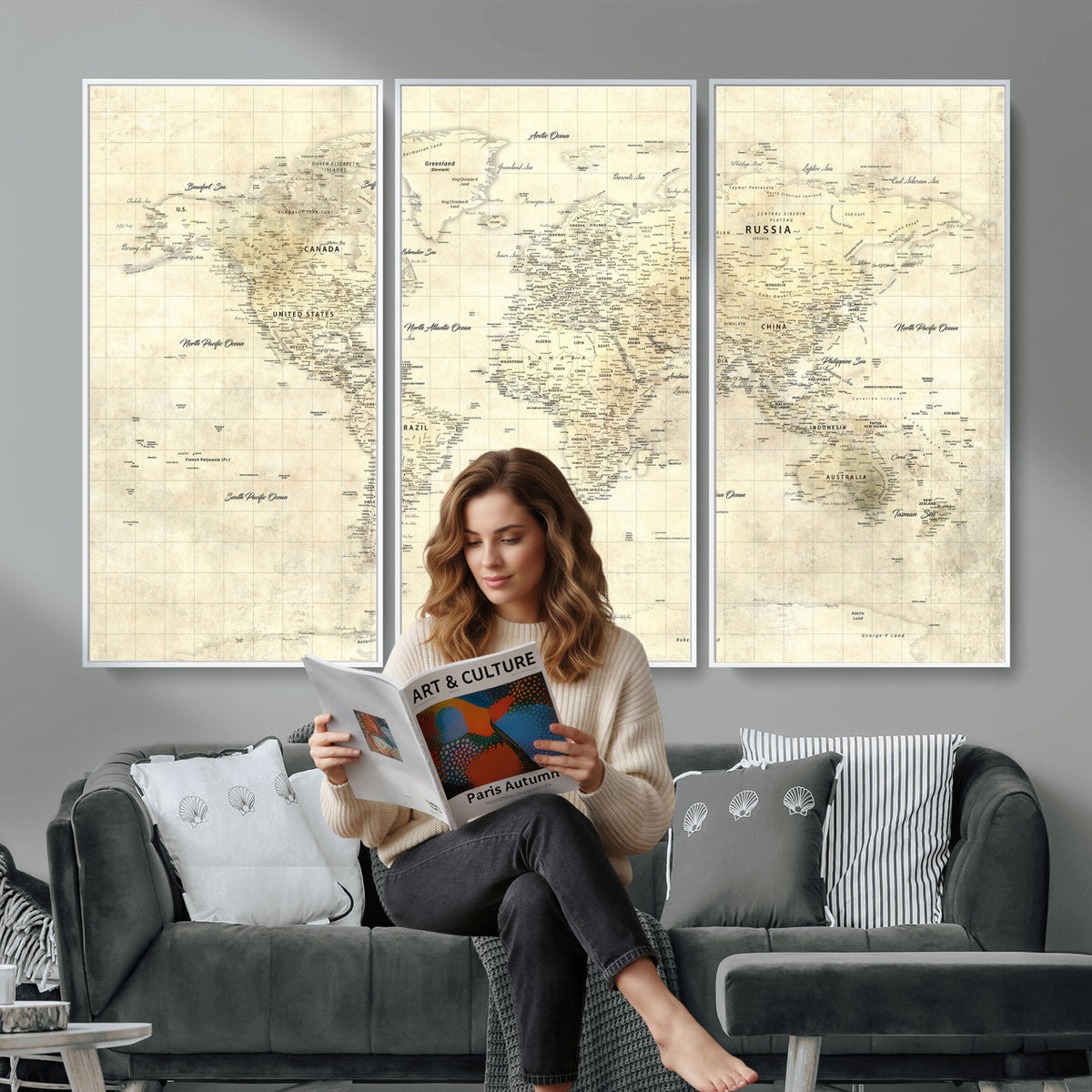 17101439-MGV-CV-36X24 - World Map Wall Art Canvas Print, Modern Decorative Framed Map Artwork Prints for Living Room, Office, Bedroom Wall Decor