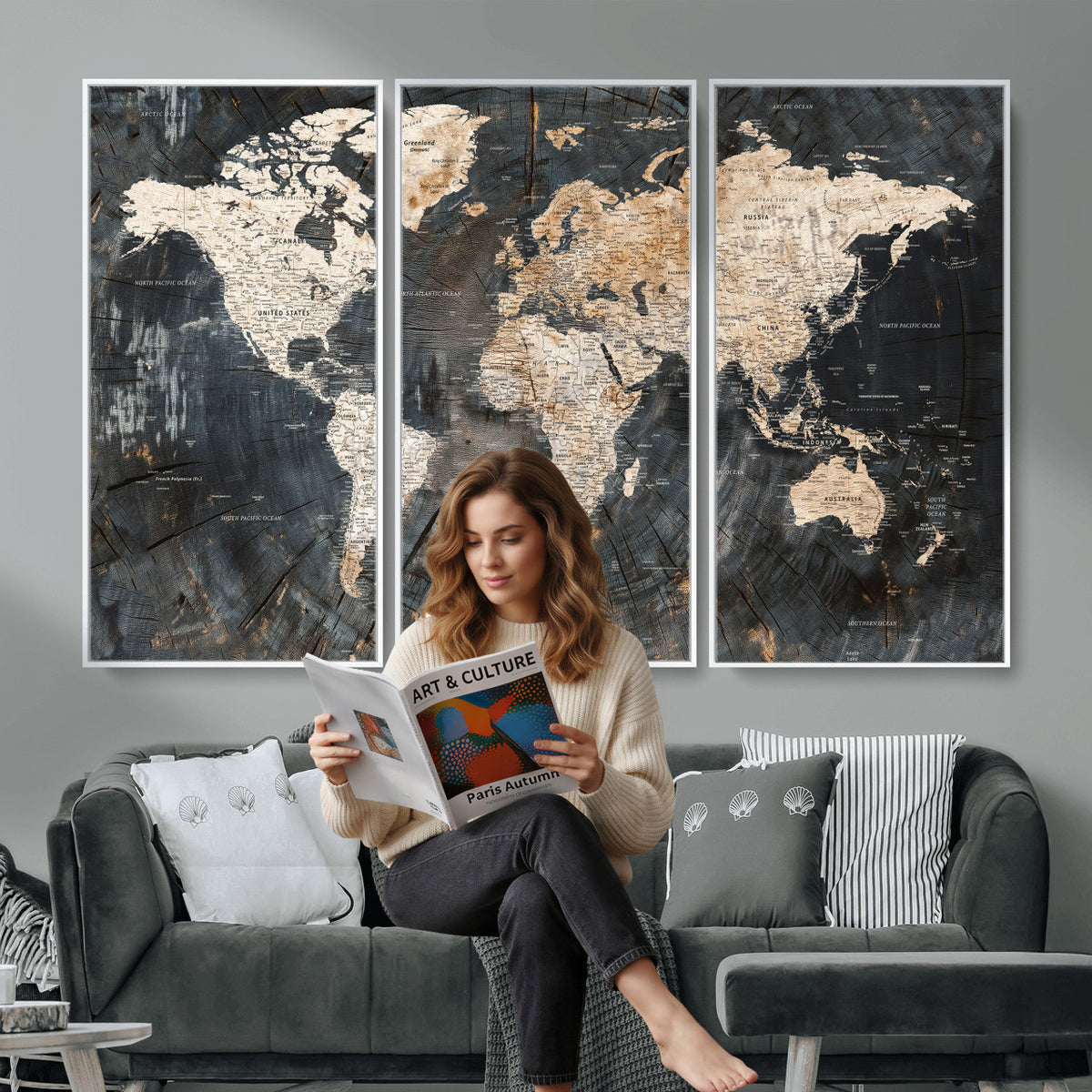 89162112-MGV-CV-36X24 - World Map Wall Art Canvas Print, Modern Decorative Framed Map Artwork Prints for Living Room, Office, Bedroom Wall Decor