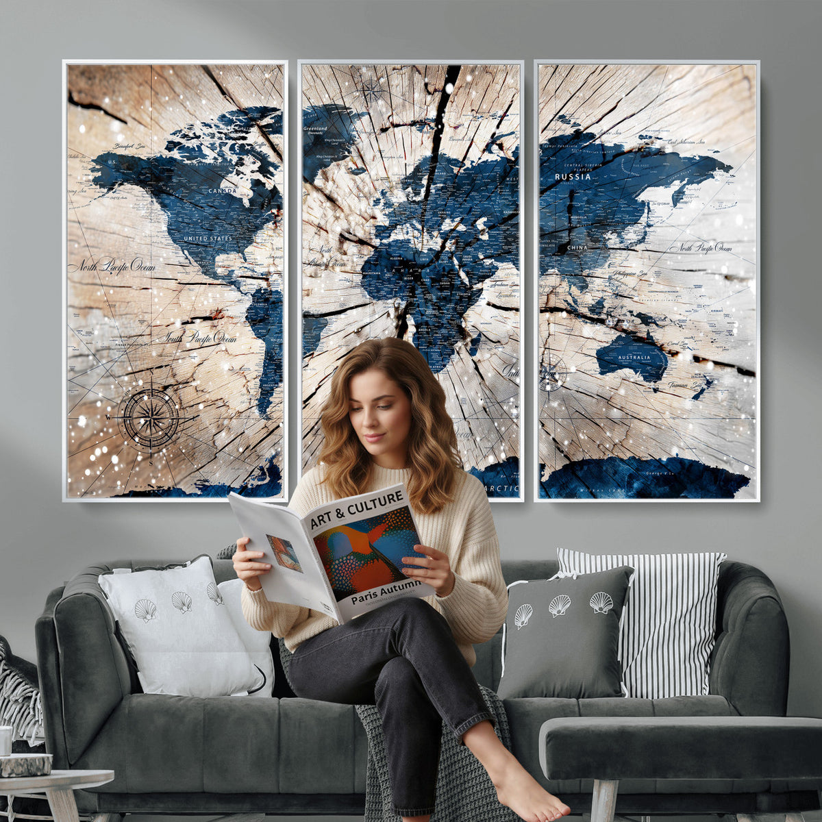 19478704-MGV-CV-36X24 - World Map Wall Art Canvas Print, Modern Decorative Framed Map Artwork Prints for Living Room, Office, Bedroom Wall Decor