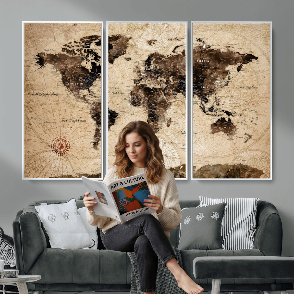 47657418-MGV-CV-36X24 - World Map Wall Art Canvas Print, Modern Decorative Framed Map Artwork Prints for Living Room, Office, Bedroom Wall Decor