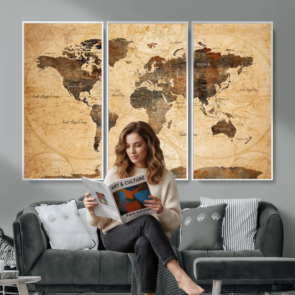 63156625-MGV-CV-36X24 - World Map Wall Art Canvas Print, Modern Decorative Framed Map Artwork Prints for Living Room, Office, Bedroom Wall Decor