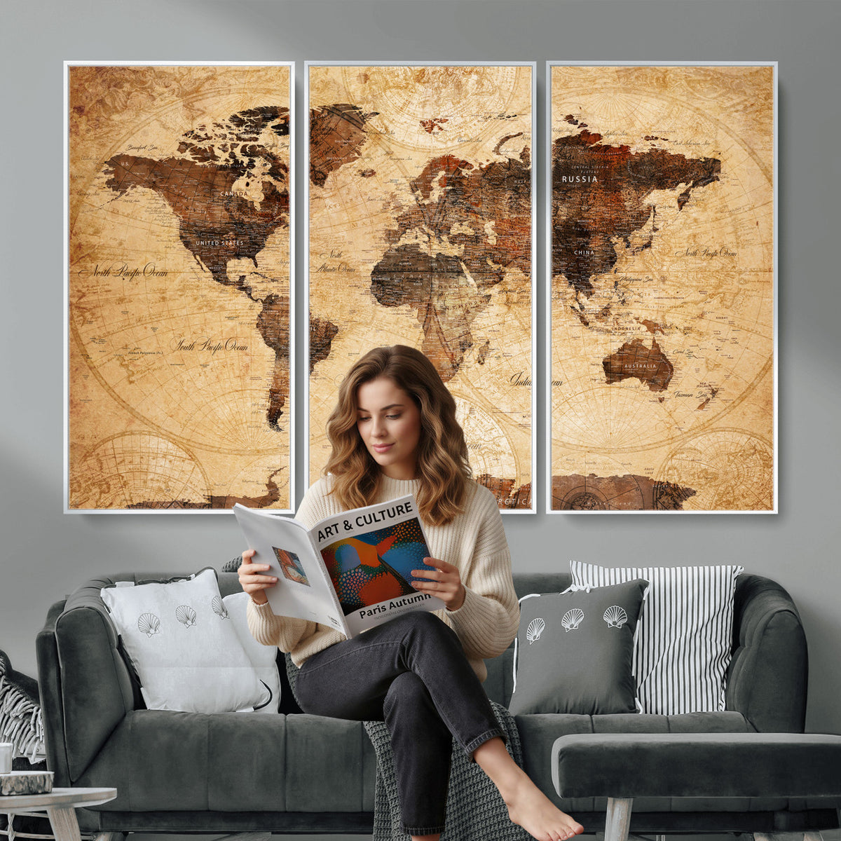 40760475-MGV-CV-36X24 - World Map Wall Art Canvas Print, Modern Decorative Framed Map Artwork Prints for Living Room, Office, Bedroom Wall Decor