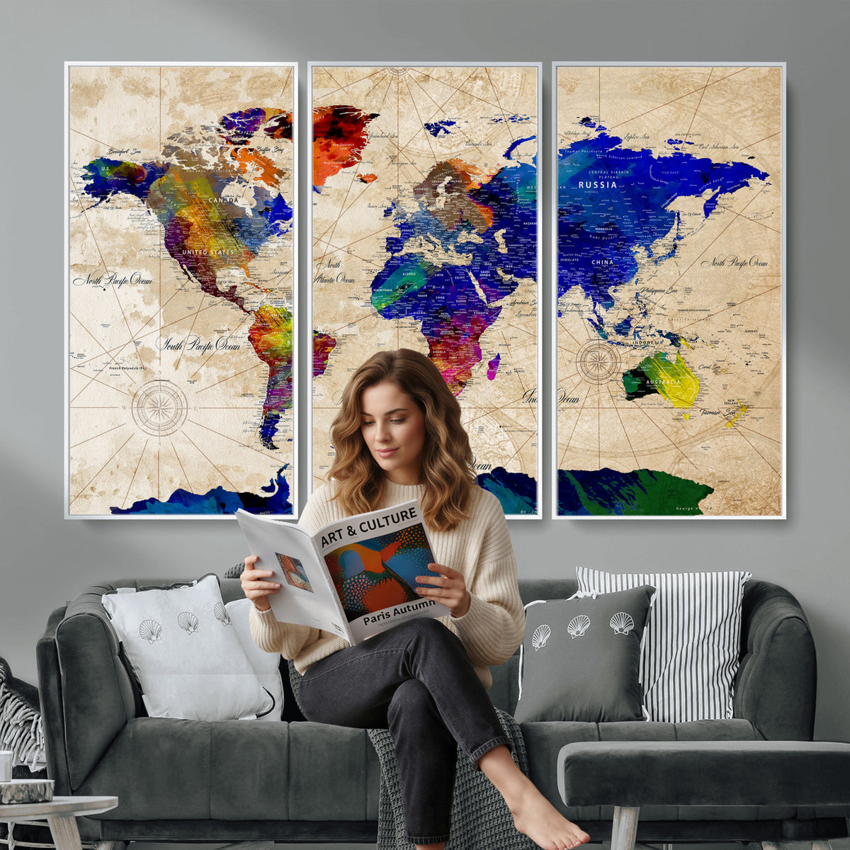 26284075-MGV-CV-36X24 - World Map Wall Art Canvas Print, Modern Decorative Framed Map Artwork Prints for Living Room, Office, Bedroom Wall Decor