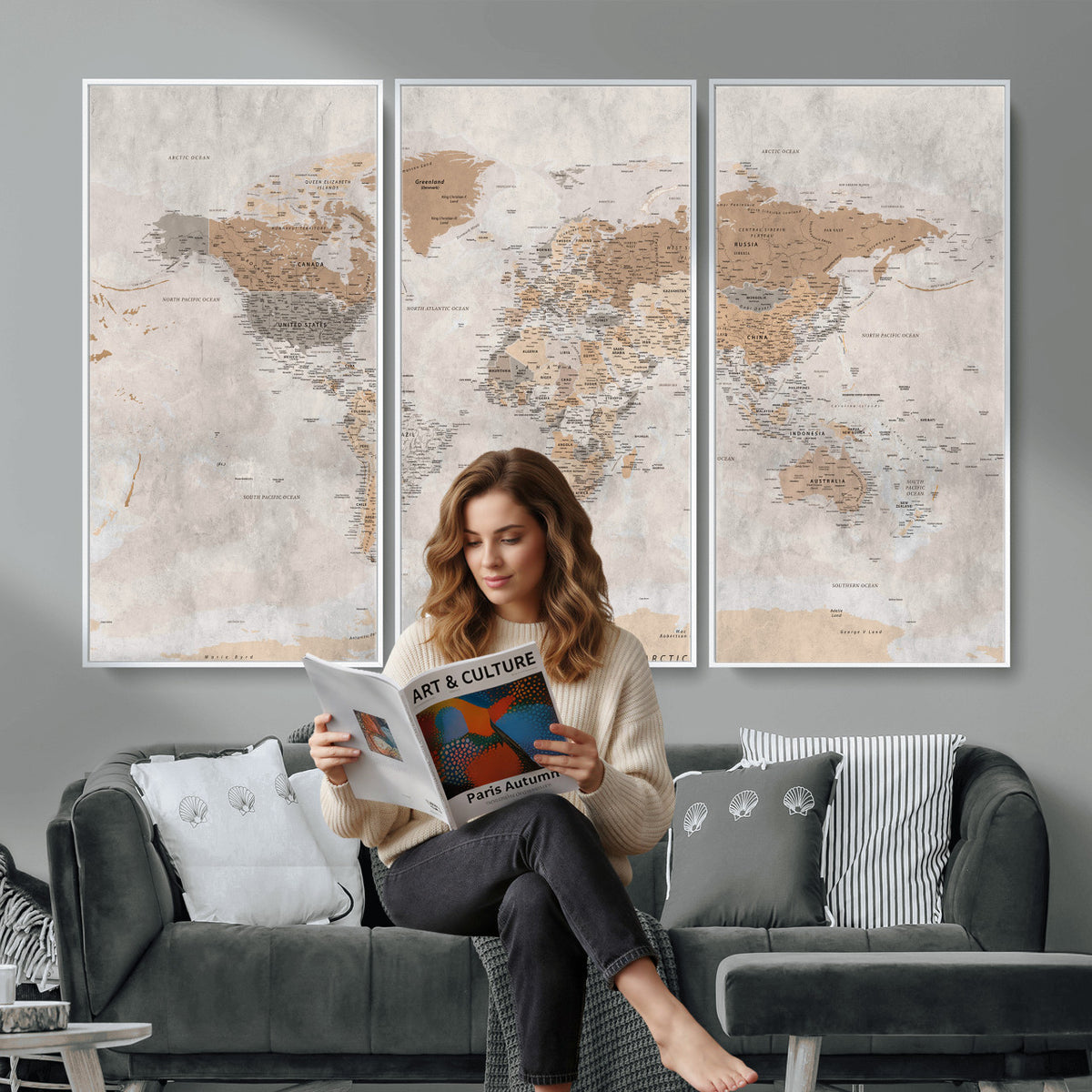 34051638-MGV-CV-36X24 - Detailed World Map Wall Art Canvas Print for Home and Office Decor