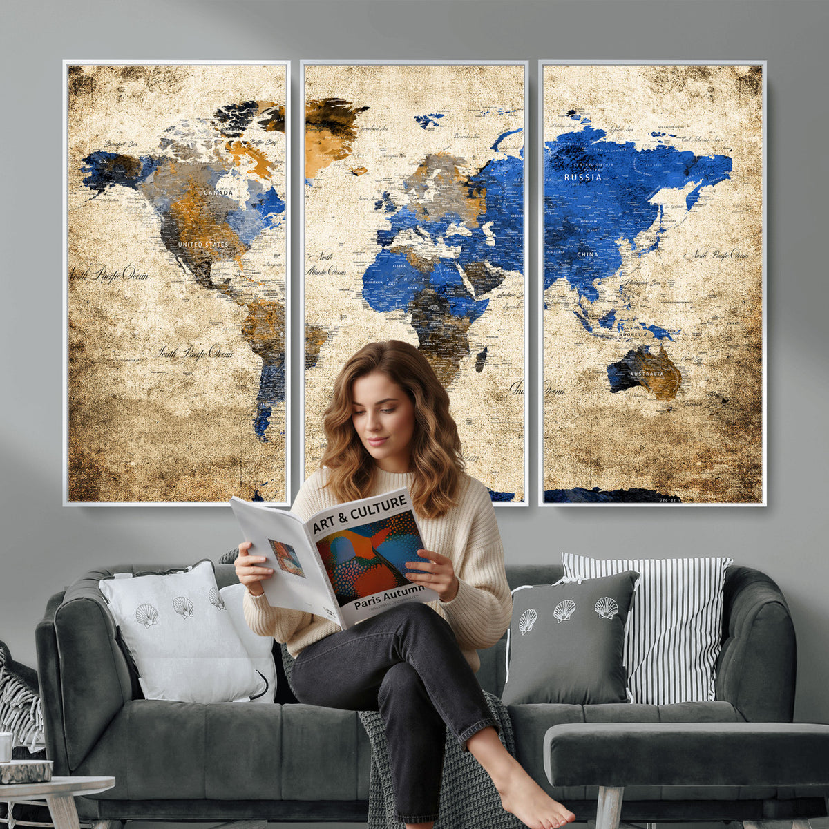 27314341-MGV-CV-36X24 - World Map Wall Art Canvas Print, Modern Decorative Framed Map Artwork Prints for Living Room, Office, Bedroom Wall Decor