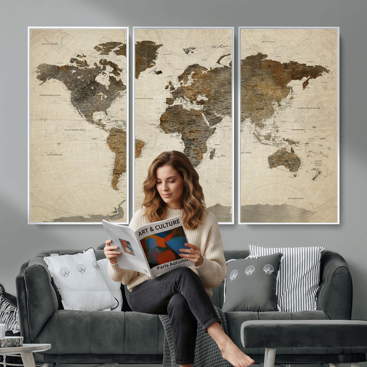 49623468-MGV-CV-36X24 - World Map Wall Art Canvas Print, Modern Decorative Framed Map Artwork Prints for Living Room, Office, Bedroom Wall Decor