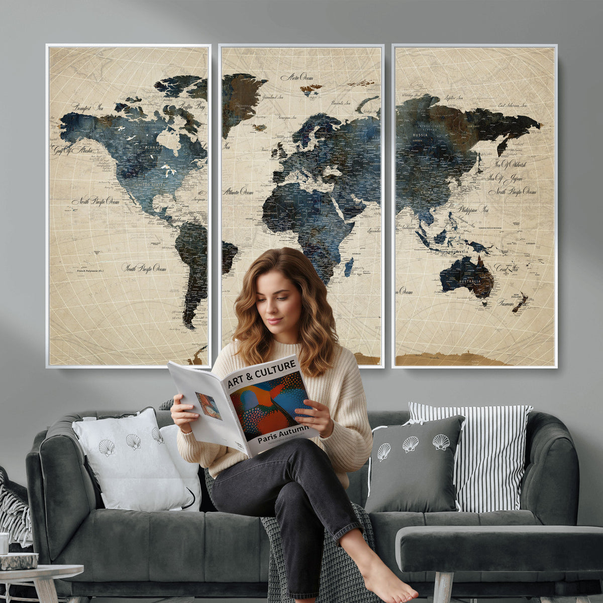 72927803-MGV-CV-36X24 - World Map Wall Art Canvas Print, Modern Decorative Framed Map Artwork Prints for Living Room, Office, Bedroom Wall Decor