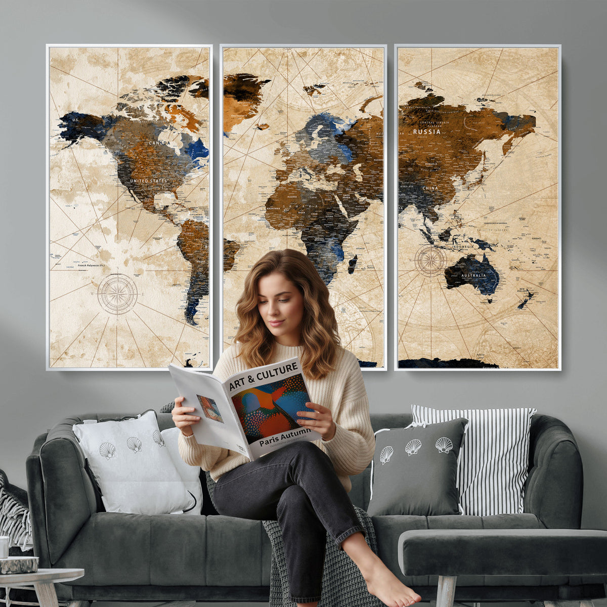 15727090-MGV-CV-36X24 - World Map Wall Art Canvas Print, Modern Decorative Framed Map Artwork Prints for Living Room, Office, Bedroom Wall Decor