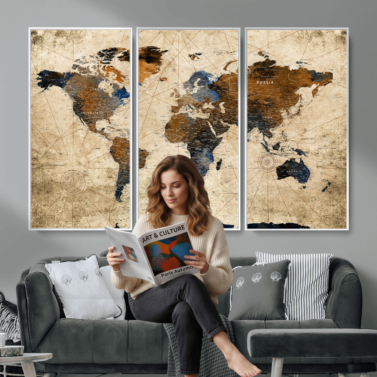 27163414-MGV-CV-36X24 - World Map Wall Art – Rustic Earth Tone Canvas Print, Antique