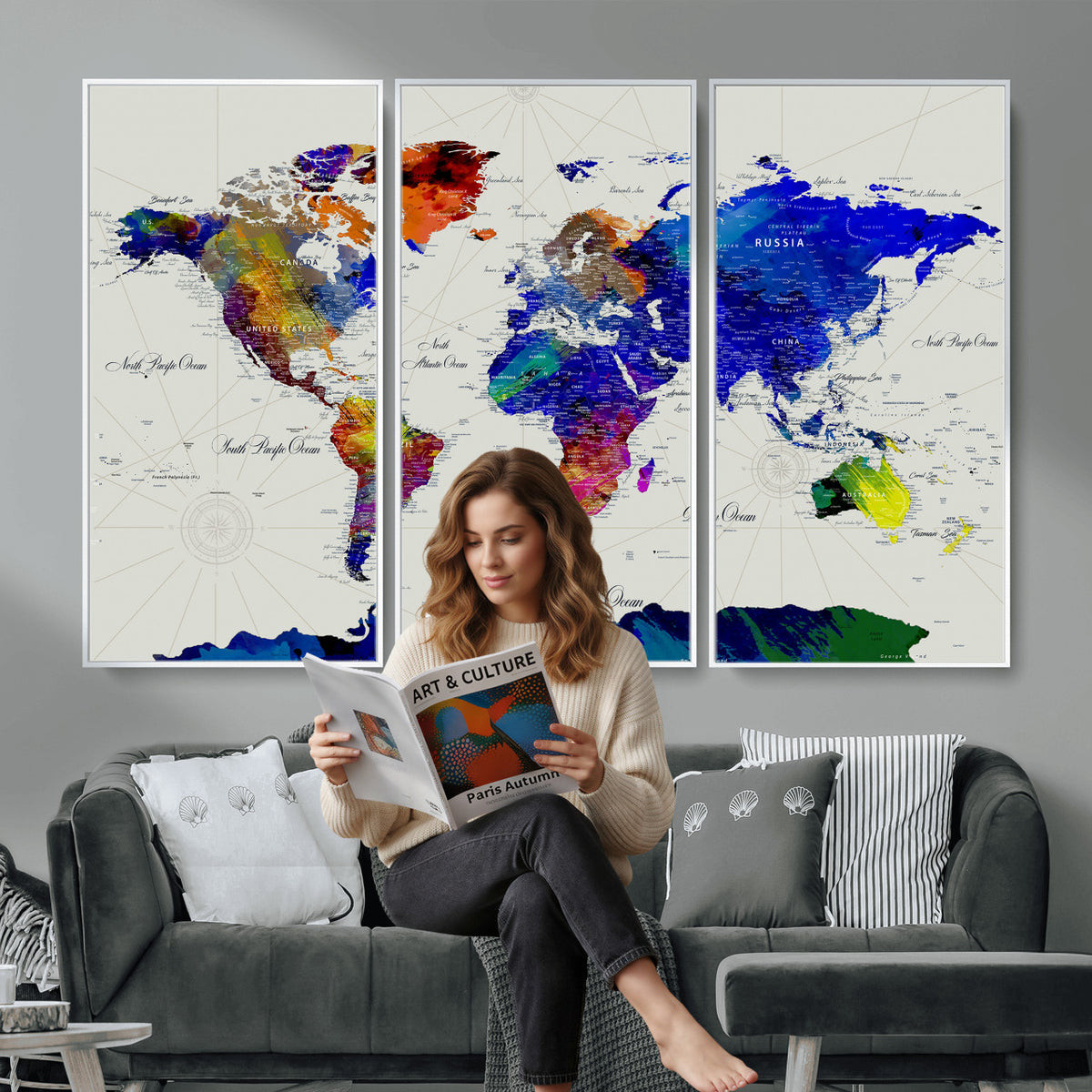 49670038-MGV-CV-36X24 - World Map Wall Art Canvas Print, Modern Decorative Framed Map Artwork Prints for Living Room, Office, Bedroom Wall Decor