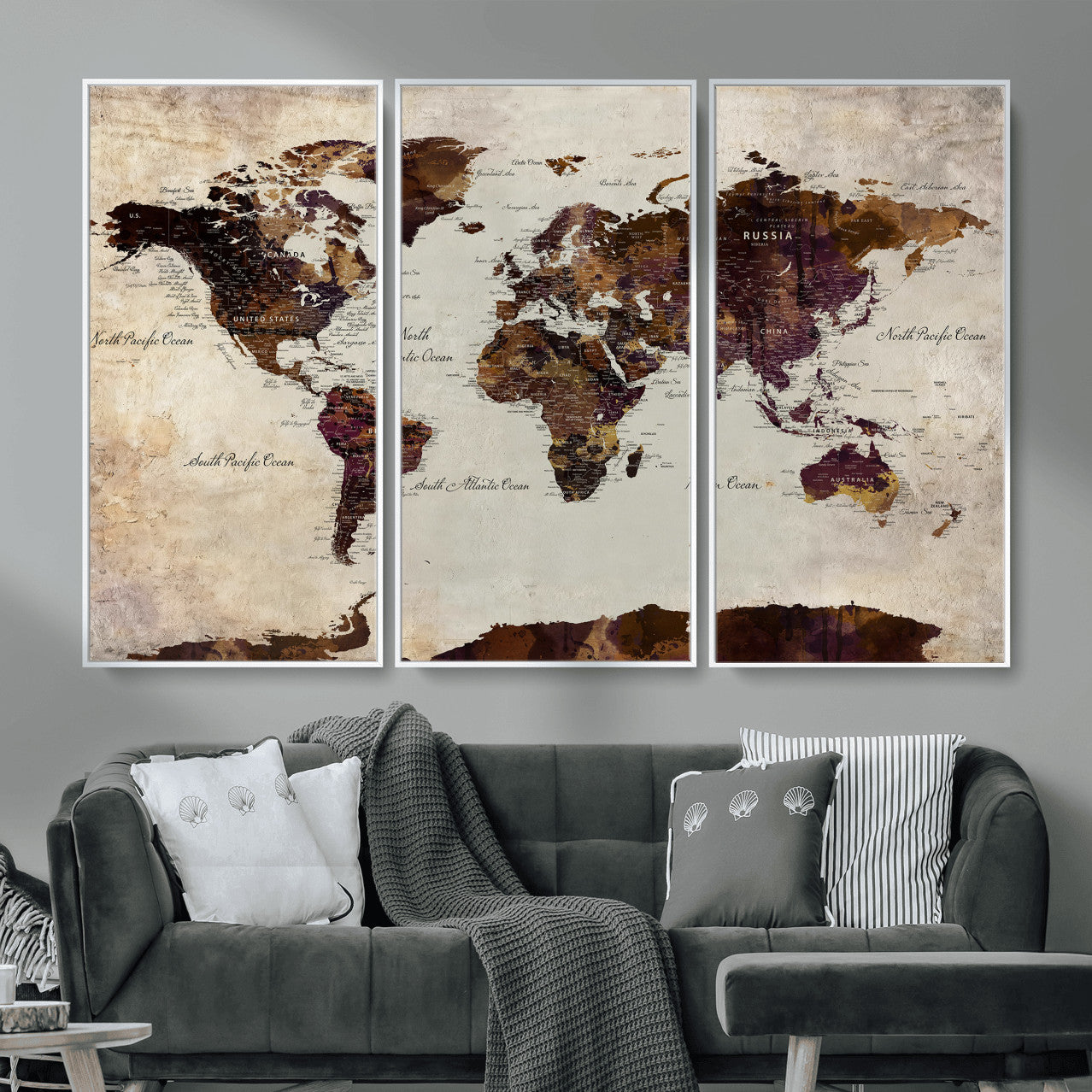 50611123-MGV-CV-36X24 - World Map Canvas Triptych – Colorful Global Wall Art for Living Rooms, Offices, and Study Spaces