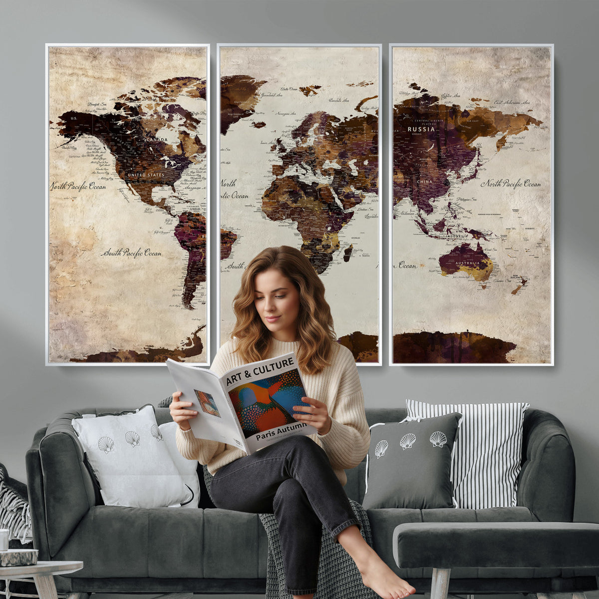 50611123-MGV-CV-36X24 - World Map Canvas Triptych | Colorful Global Wall Art for Living Rooms