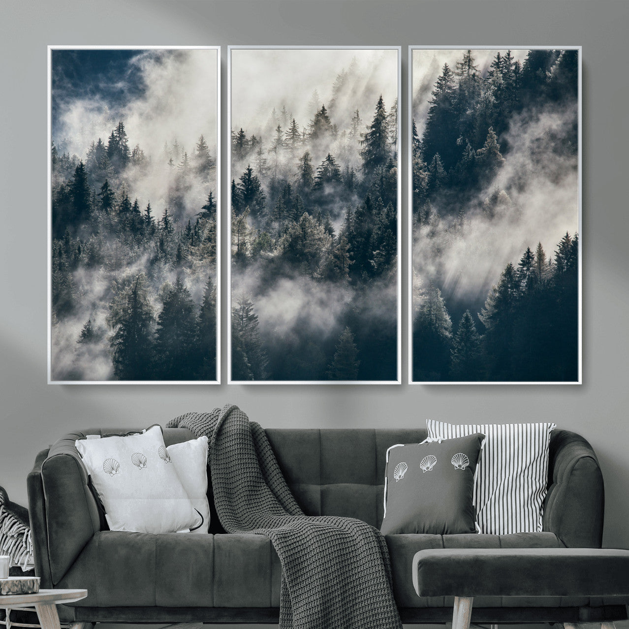 63405824-MGV-CV-36X24 - Foggy Mountain Forest Canvas Print, Misty Pine Trees Nature Wall Art, Framed Canvas Ready to Hang