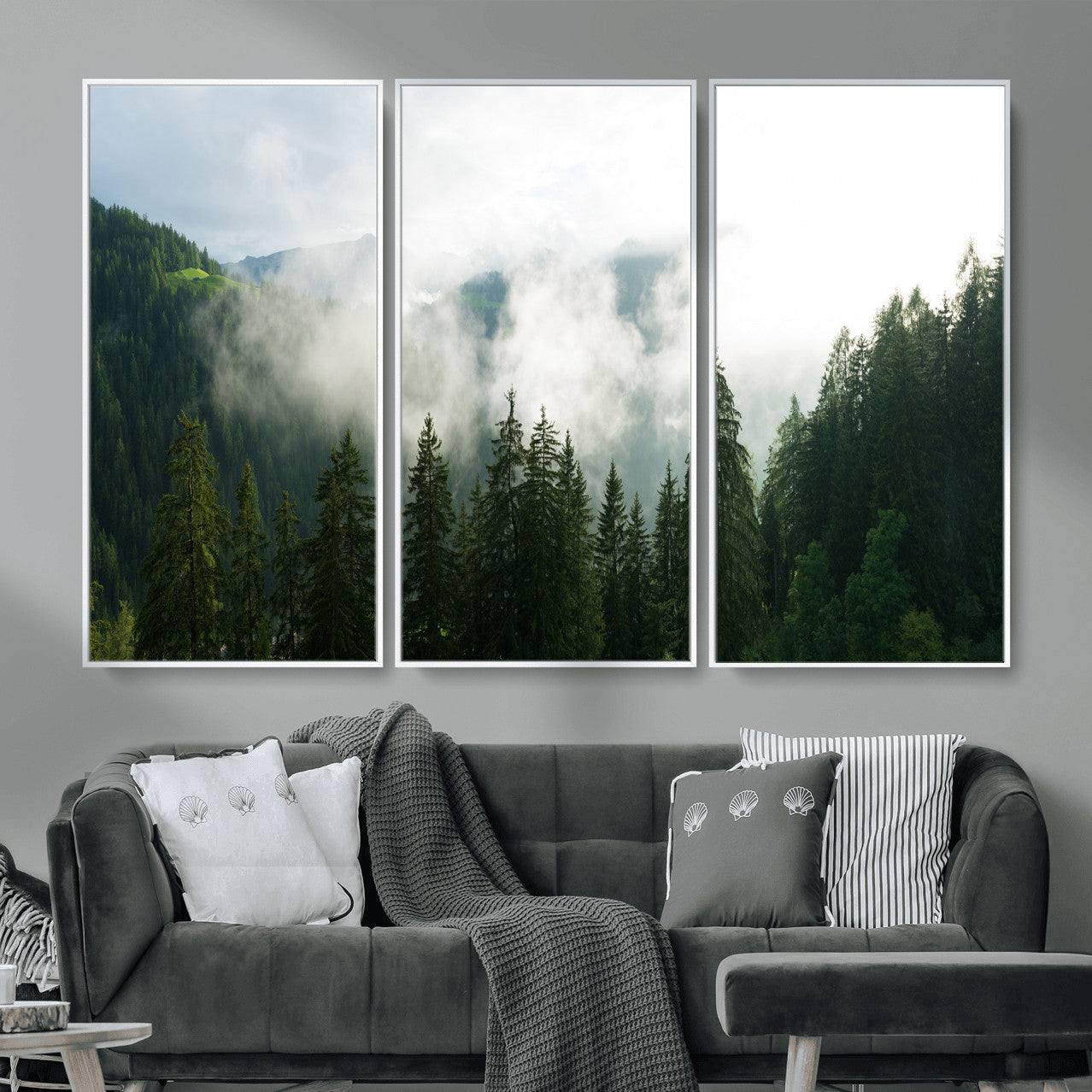 67174129-MGV-CV-36X24 - Misty Mountain Forest Canvas Print, Foggy Pine Trees Nature Wall Art, Framed Canvas Ready to Hang