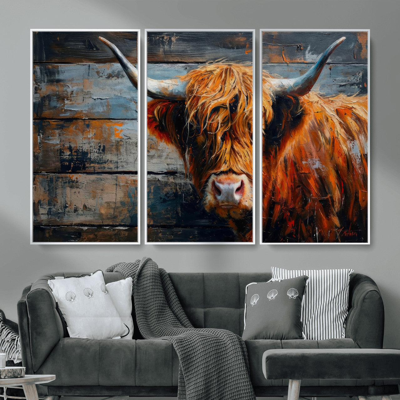90271423-MGV-CV-36X24 - Highland Cow Wall Art Canvas Print, Abstract Rustic Farm Animal Wall Art Print, Framed Wall Art Ready to Hang