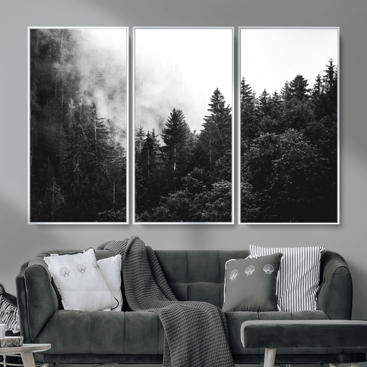 98764151-MGV-CV-36X24 - Black and White Forest Wall Art Canvas Print, Misty Pine Tree Landscape Photography, Framed Wall Art Ready to Hang