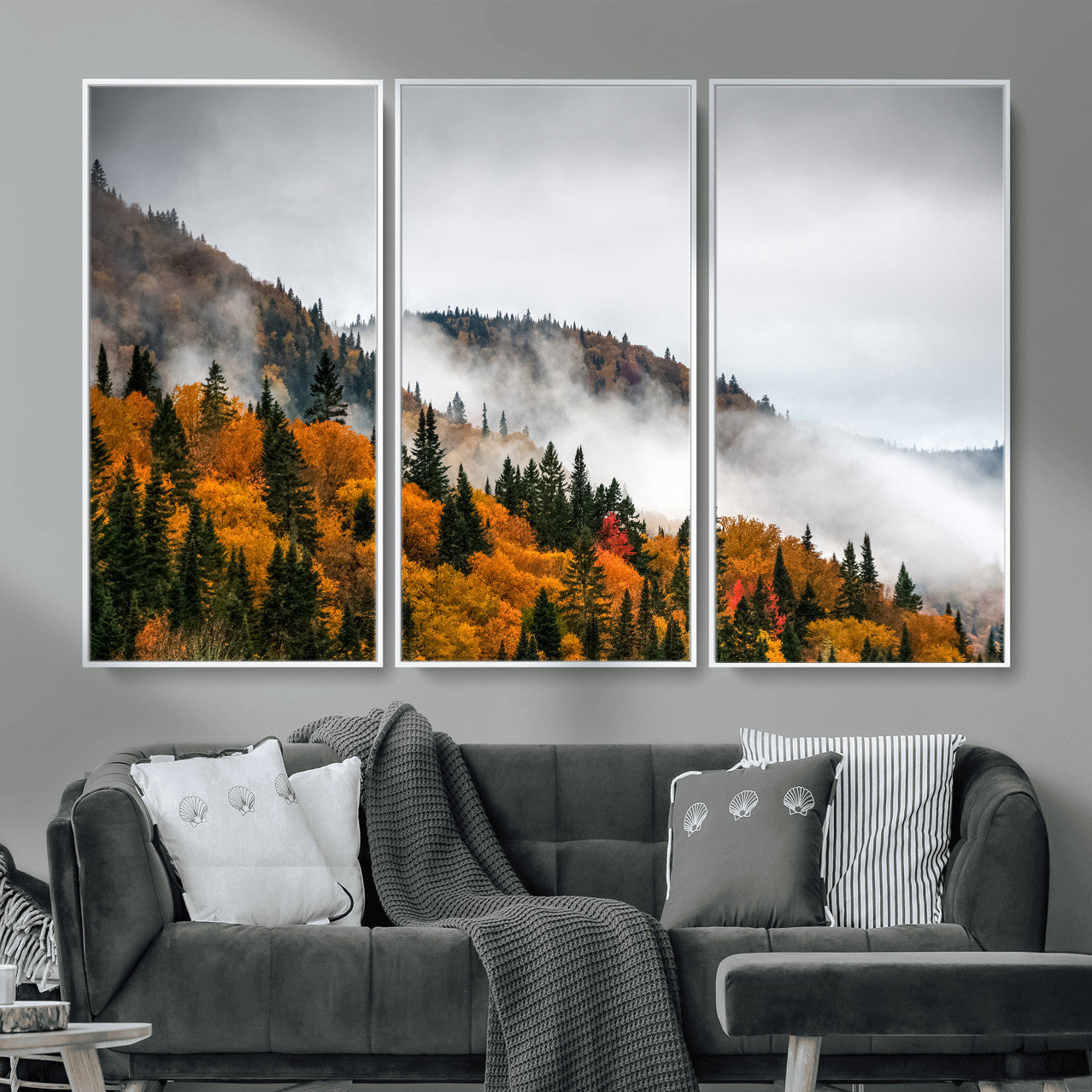 93581632-MGV-CV-36X24 - Autumn Forest Wall Art Canvas Print, Foggy Mountain Landscape Nature Photography, Framed Wall Art Ready to Hang
