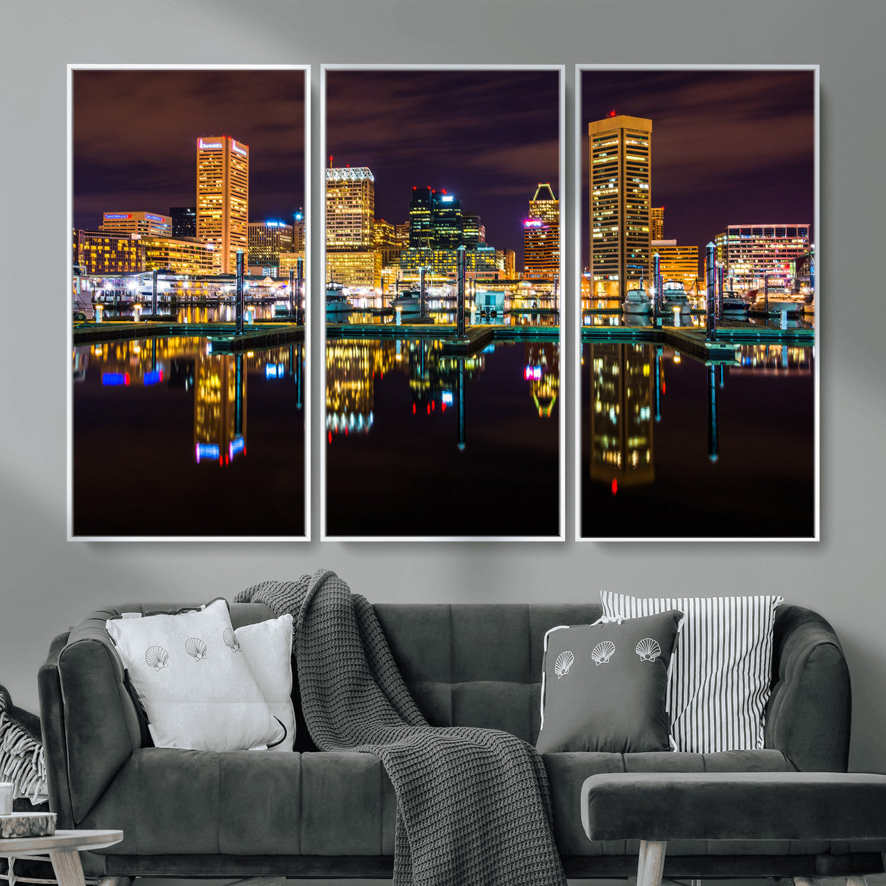 38201692-MGV-CV-36X24 - Baltimore Skyline Wall Art Canvas Print, Baltimore Downtown Night Cityscape Print for Modern Urban Wall Decor