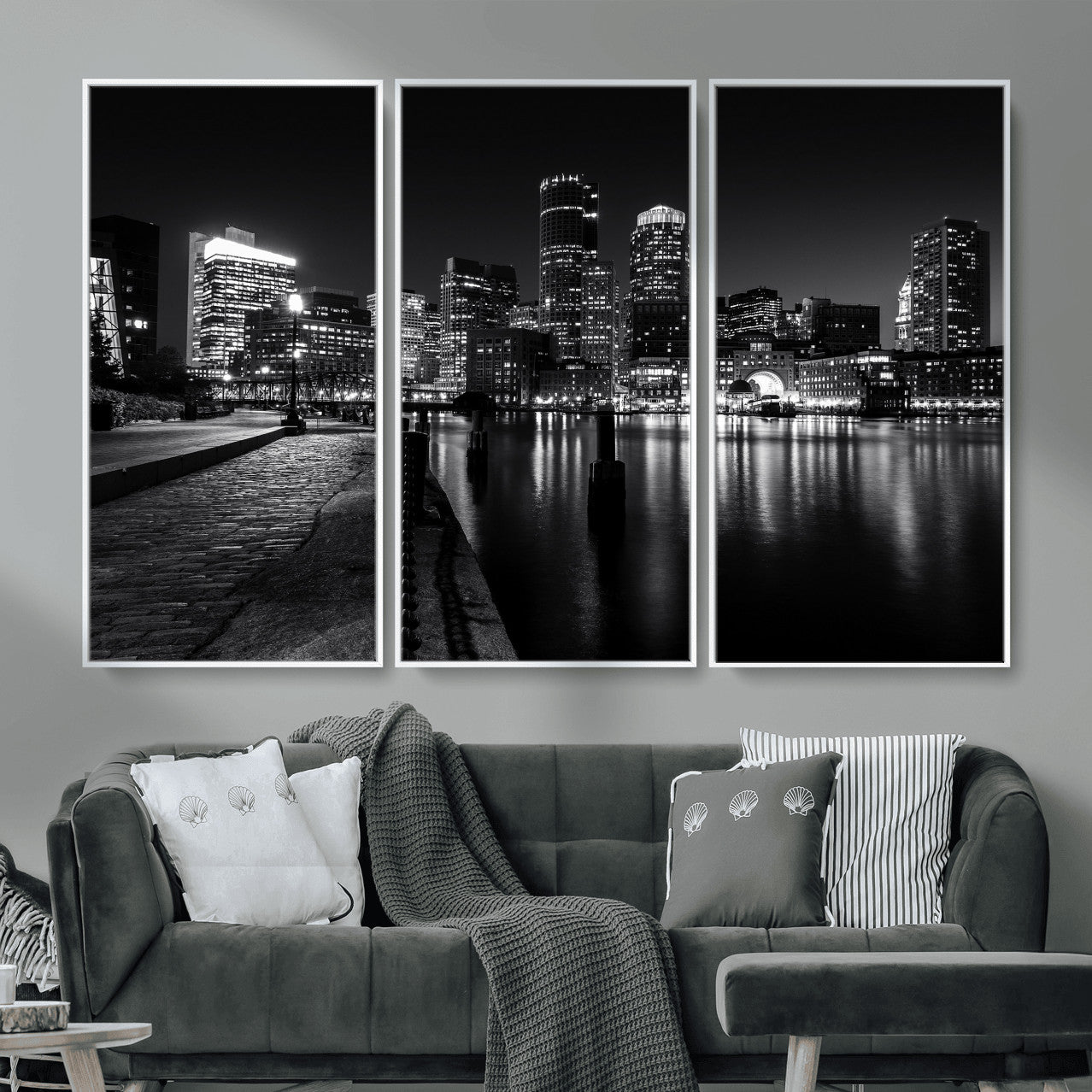53082656-MGV-CV-36X24 - Boston Wall Art Canvas Print, Boston City Downtown Night Cityscape Print for Modern Urban Wall Decor