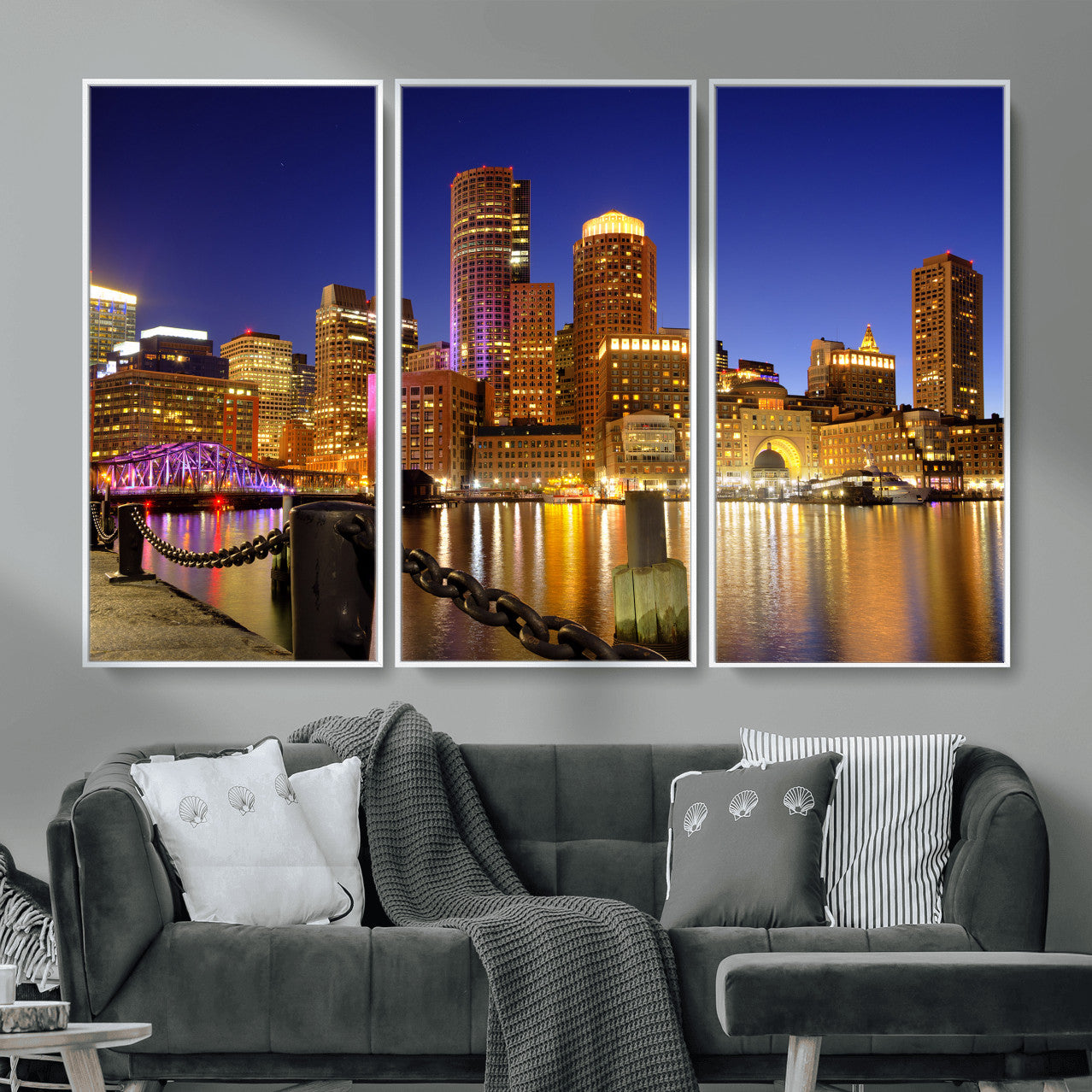 56611117-MGV-CV-36X24 - Boston Wall Art Canvas Print, Boston City Downtown Night Cityscape Print for Modern Urban Wall Decor